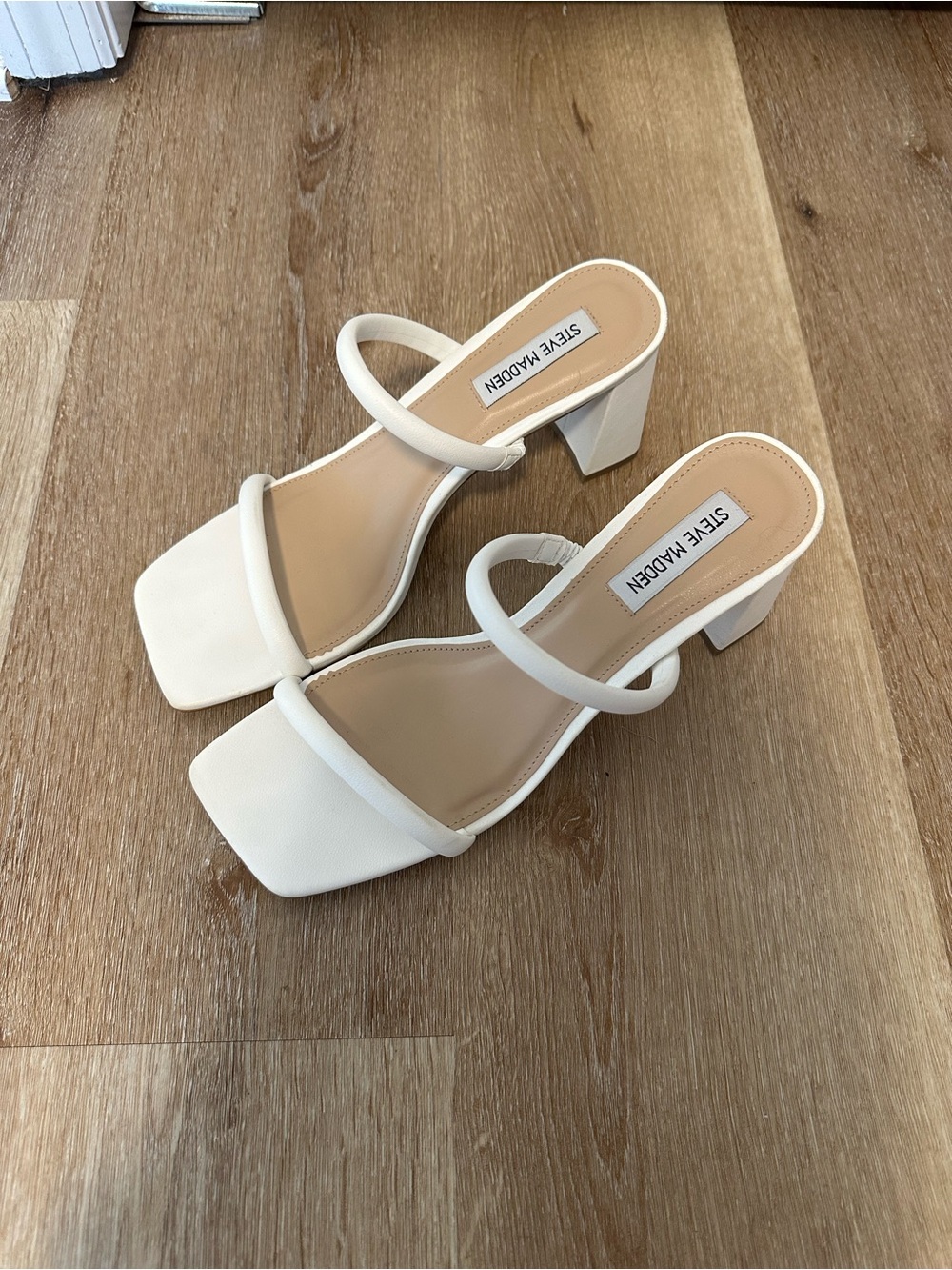 Steve Madden White Double Strap Square Toed Heels